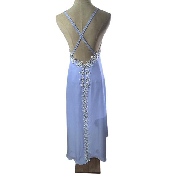 NO Name Elegant Evening Gown Purple Open Back Babydoll Floral Lace Bling Hi- Low - Picture 3 of 12